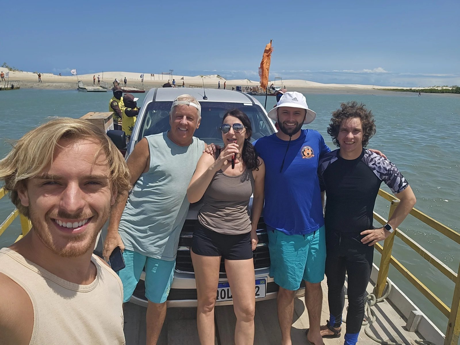 The group together by the water
